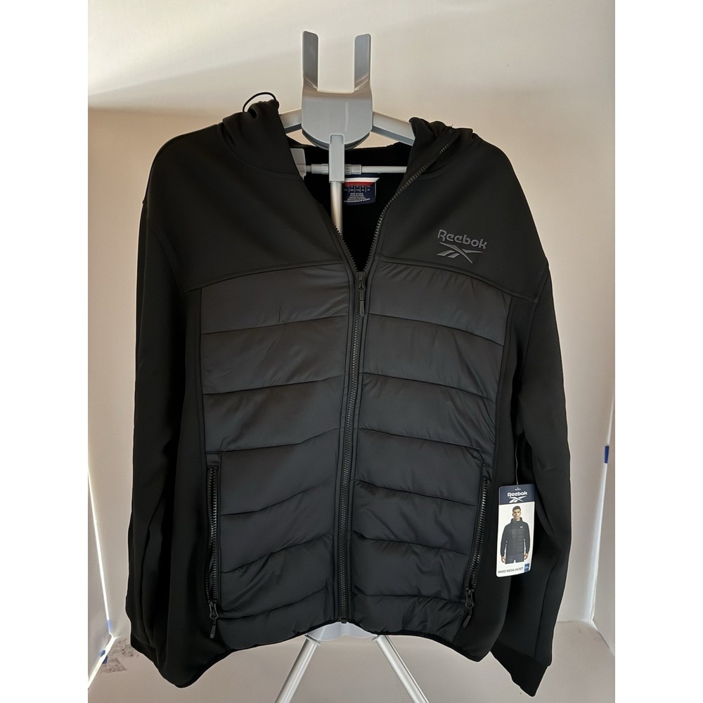 Reebok Men's Black Hooded Full Zip Puffer Jacket Pockets XXL